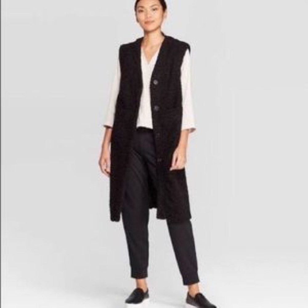 NWOT PROLOGUE WOMEN'S L SLEEVELESS DEEP V-NECK FRONT BUTTON LONGLINE SHERPA VEST